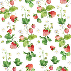 Seamless pattern of watercolor strawberries on a branch with flowers and leaves
