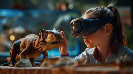 A girl is playing with a dinosaur in a virtual reality game. The dinosaur is a T-Rex and the girl is touching it. Vr educational materials create interactive learning. Generative ai illustration.