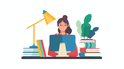 Online education concept with a woman computer lamp a