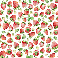 Seamless pattern of bright watercolor strawberries and leaves