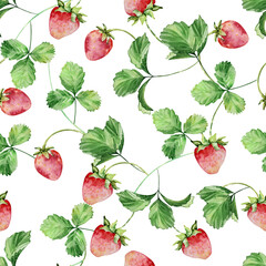 Seamless pattern of bright watercolor strawberries on a branch with leaves