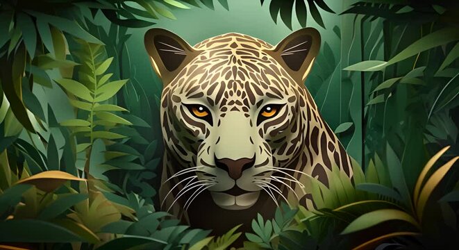 Paper-cut style scene of a jaguar stalking through a rainforest, minimalist foliage background,