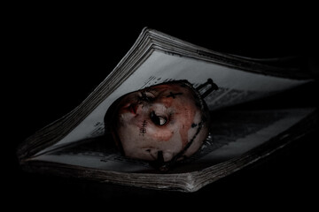 a bloody doll head and a book, a scary doll head full of blood
