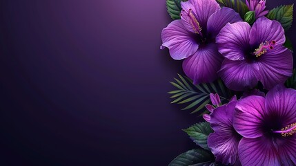   Purple backdrop featuring a collection of violets with emerald green leaves Text or image insertion area