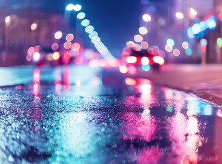 Background of wet asphalt with neon light. Blurred background, night lights of a big city.