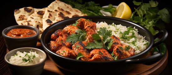Indian chicken tikka masala with rice and yoghurt