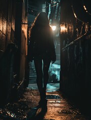 A female shadow assassin walking down a moody alley at night