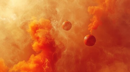   A cluster of oranges suspended in mid-air, releasing smoke, against a backdrop of yellow and orange
