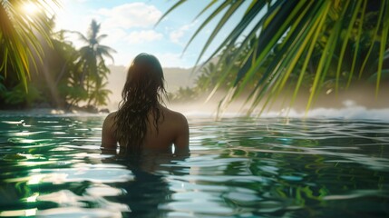 Mature woman sitting in water among palm trees