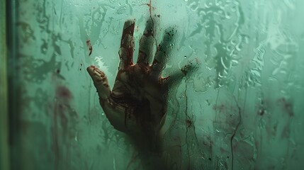 In the eerie horror scene, a bloodied hand is pressed against the wet shower glass - obrazy, fototapety, plakaty