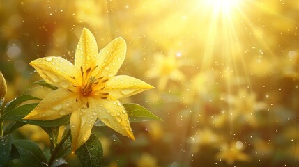   Close-up of a sunlit yellow flower with water droplets on its petals