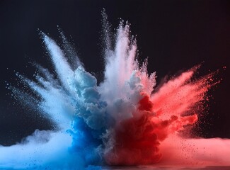 Red and blue color paint explosion, on dark background. Wallpaper.