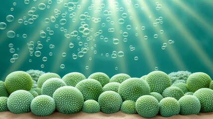   A collection of bubbles drifting above a group of sea urchins on a sandy shore