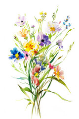 Watercolor bouquet of spring flowers on a white background. Hand-drawn illustration.