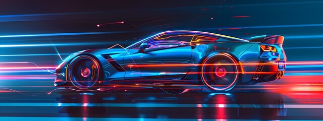 A blue sports car is showcased against a dark background, featuring a speedometer and two glowing red lines extending from the vehicle.