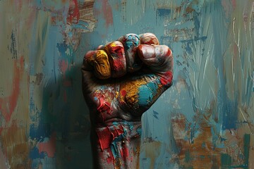 Man's fist painted in different colors on a grunge background, Ai Generated