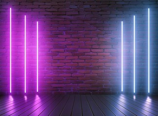 Purple neon light on brick wall background