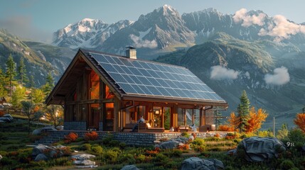 modern home with solar panels attached on the roof against a sunny sky, Close up of new house with black solar panels during spring with flowers, luxury villa