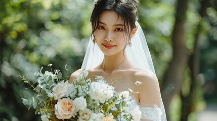 ブーケを持った美しい花嫁　ウェディングドレス