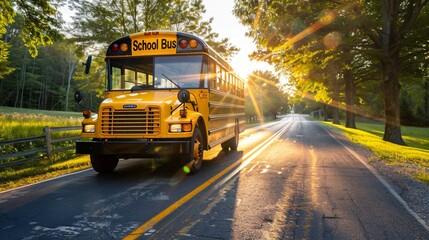 A yellow school bus travels down a rural road on a sunny day