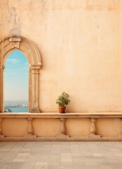 Potted Plant on Stone Bench