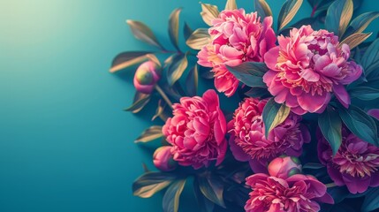   A bloom of pink peonies with emerald green leaves against a tranquil blue backdrop Insert text or image here