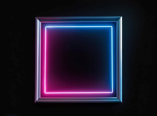 Square rectangle picture frame with two tone neon color motion graphic on isolated black background.