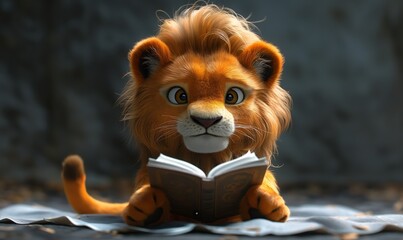 3D illustration of a lion reading a book.