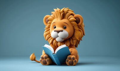 Obraz premium 3D illustration of a lion reading a book.