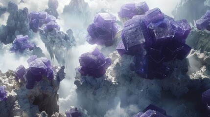   A cluster of purple rocks on a mountainside puffs smoke from their peaks