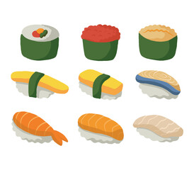 Sushi Japanese Traditional Food Flat Style Set