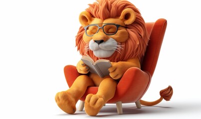 3D illustration of a lion reading a book.