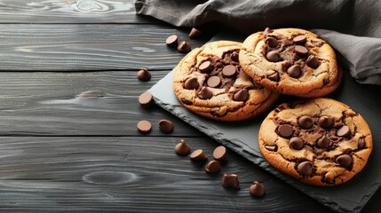 Fototapeta premium Three chocolate chip cookies atop a gray plate, nearby sits a folded napkin Chocolate chips decorate the wooden table