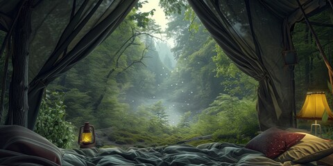 Cozy Bed With Lantern in Forest