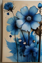 AI generated illustration of blue flowers in a vase next to the wall