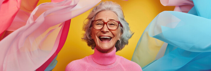 Fototapeta premium An older woman wearing glasses and a pink sweater