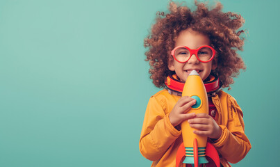 Young Student with Rocket Imagining Space Adventure,Playful Young Genius  Holding a Toy Rocket, Dreaming of Space Exploration