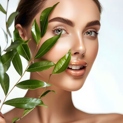 Skin care woman with leaves, Organic product model, models simple photoshoot