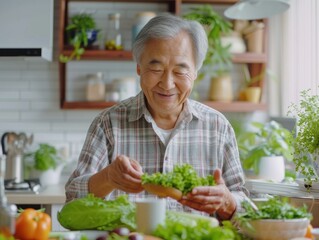 Elderly Asian Man Embracing Sustainable Personalized Nutrition at Home with AI Device