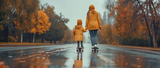 On a wet day, a content mother and daughter skateboard on asphalt.