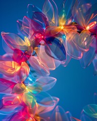 Vibrant Neon-Lit Christmas Wreath in Double Exposure Photography with Blue Background