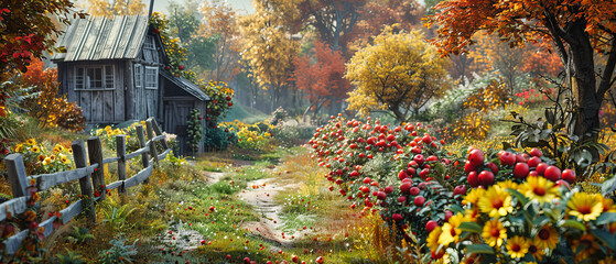 Autumnal Forest Scene, Trees in Vibrant Fall Colors, Impressionistic Nature Painting