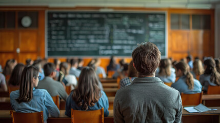 Group of Diverse Students Sitting in a Classroom Listening to a Lecture. Generated by AI
