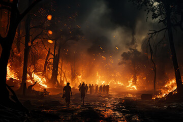 A group of individuals walking through a forest engulfed in flames, navigating the intense heat and smoke as they move through the burning trees