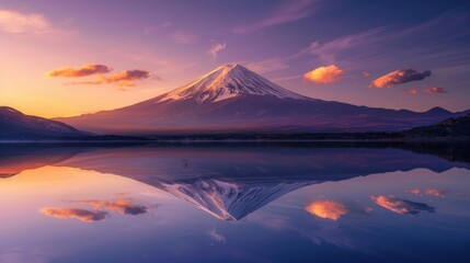 Mount Fuji at sunrise from lake Saiko, Yamanashi Prefecture, Japan