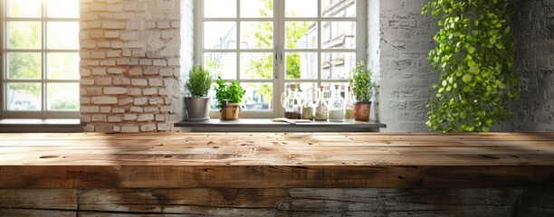 Bright modern room featuring a large wooden table, exposed brick, and lush green plants by sunny...
