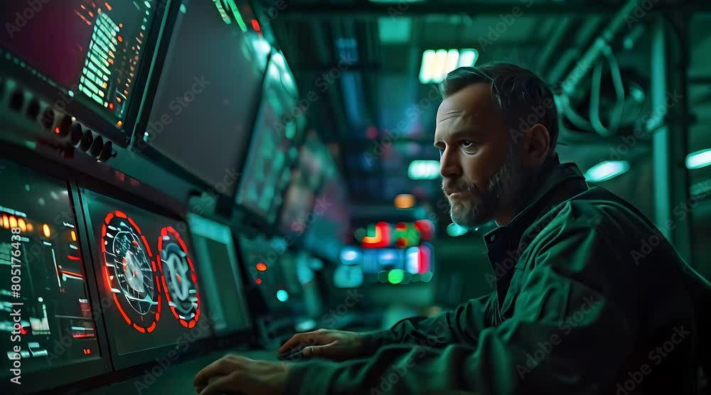 Poster capturing an it professional's work in the control room environment, monitoring real-time ai data an