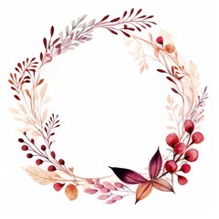 Fototapeta na wymiar Watercolor Wreath With Leaves and Berries