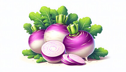 Digital Illustration of Turnips - Whole and Sliced, Fresh Organic Turnip, Healthy Food Concept - Turnip Clipart, Farm Fresh Turnips, Vegetarian Ingredient