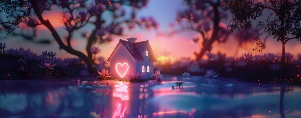 A dreamy illustration of a miniature house glowing with a neon heart, surrounded by blooming flowers and trees at dusk.
